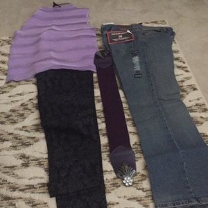 2 pair of jeans, 1 belt, 1 blouse